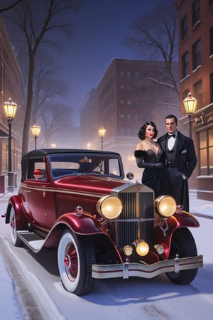 A portrait of a (mafia boss) and his sexy wife in year 1934 nearby a classic car ,
1 car,  1930 Cadillac V16 Madame X Sedan Cabriolet,  
,  parked against the background of a Chicago street, 
 
snowy,  night time, 
best quality,  realistic,  
photography,  highly detailed,  
8K,  HDR,  photorealism,  
naturalistic,  realistic,  
raw photo ,
H effect,  ,  ,,rebsonya