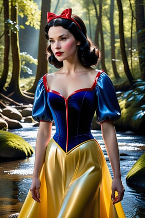 An ultrarealistic photograph capturing Snow White in a unique interpretation of her iconic attire, reimagined in shiny latex. The full-body shot highlights her figure with a focus on her silhouette, rendered in the highest photographic quality, suitable for 4K or 8K display. The image is a masterpiece, with cinematic lighting that enhances the amazing shading and soft lighting, creating a dreamlike atmosphere. Snow White stands at a creek, posing shoulder-forward, her ultra-detailed skin and face illuminated by the soft summer light. Her eyes are perfect, drawing the viewer into the scene. The long latex dress, designed in the style of her traditional garb, flows gracefully against the backdrop of a lush forest, where the creek winds through the verdant landscape.