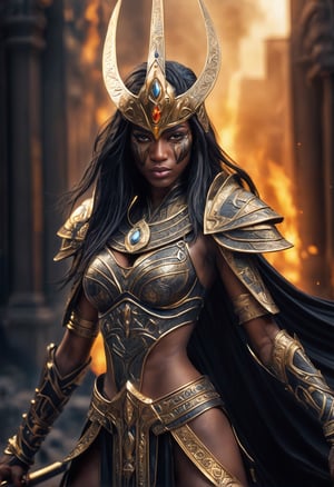 ((extremely realistic photo)), (professional photo), A beautiful dark-skinned Egyptian warrior with golden armor with intricate engravings and details, black cape and a helmet stands in front of a burning city, ((ultra sharp focus)), (realistic textures and skin:1.1), aesthetic. masterpiece, pure perfection, high definition ((best quality, masterpiece, detailed)), ultra high resolution, hdr, art, high detail, add more detail, (extreme and intricate details), ((raw photo, 64k:1.37)), ((sharp focus:1.2)), (muted colors, dim colors, soothing tones ), siena natural ratio, ((more detail xl)),more detail XL,detailmaster2,Enhanced All,photo r3al,masterpiece,photo r3al,Masterpiece,Fashion Illustration,Architectural100,armor,royal
