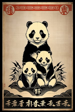 ((extremely realistic photo)), (professional image), In this ink illustration, there is a panda with two cubs sitting on a riverbank. The panda is in the middle, the one on the left is smaller and the one on the right is larger. They are surrounded by grass and bamboo. The panda is in black and white, and there is a red frame at the top and bottom with Chinese characters. Vintage poster print, ((ultra sharp focus)), (realistic textures:1.1), aesthetic. masterpiece, pure perfection, high definition ((best quality, masterpiece, detailed)), ultra high resolution, hdr, art, high detail, add more detail, (extreme and intricate details), ((raw photo, 64k:1.37)), ((sharp focus:1.2)), (muted colors, dim colors, soothing tones ), siena natural ratio, ((more detail xl)),more detail XL,detailmaster2,Enhanced All,photo r3al,masterpiece,photo r3al,Masterpiece,Fashion Illustration