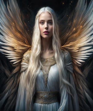 ((extremely realistic photo)), (professional photo), The image feature a beautiful angel woman with long white hair and large golden wings. Behind her you can see the night sky with stars. ((Divine Atmosphere)), ((ultra sharp focus)), (realistic textures and skin:1.1), aesthetic. masterpiece, pure perfection, high definition ((best quality, masterpiece, detailed)), ultra high resolution, hdr, art, high detail, add more detail, (extreme and intricate details), ((raw photo, 64k:1.37)), ((sharp focus:1.2)), (muted colors, dim colors, soothing tones ), siena natural ratio, ((more detail xl)),more detail XL,detailmaster2,Enhanced All,photo r3al,masterpiece,photo r3al,Masterpiece,Fashion Illustration,Architectural100,armor,royal,pauldron,noble,divine,DonMn1ghtm4reXL,Angel