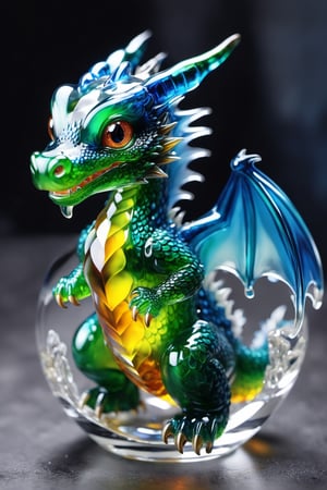 Masterpiece, Ultra realistic, hyper realistic, photo realistic, symmetrical, isometric, miniature, a cute dragon made of transparent glass, more detail XL, Extremely Realistic, dripping paint