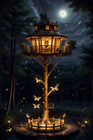 night sky, firefliesfireflies, DonMG414, Miniature, Ultra realistic, hyper realistic, photo realistic, Miniature fantastical treehouse, night time, isometric, ,firefliesfireflies,FFIXBG