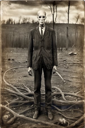 Old image of slenderman, scary, weathered, time-worn, weather-beaten, aged appearance, intense gaze, Extremely Realistic,more detail XL,monster