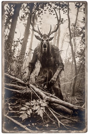 Old image of a wendigo peeking out of a bush, dense forest, scary, weathered, time-worn, weather-beaten, aged appearance, intense gaze, Extremely Realistic,more detail XL,monster