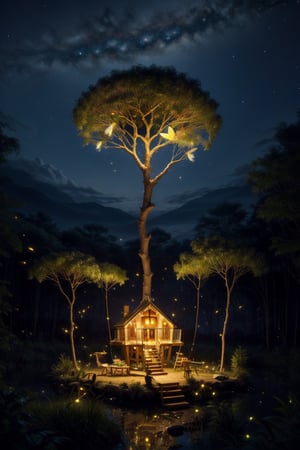 night sky, firefliesfireflies, DonMG414, Miniature, Ultra realistic, hyper realistic, photo realistic, Miniature fantastical treehouse, night time, isometric, ,firefliesfireflies,FFIXBG