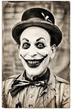 Old image of evil mime, creepy smile, scary, weathered, time-worn, weather-beaten, aged appearance, intense gaze, Extremely Realistic,more detail XL,monster