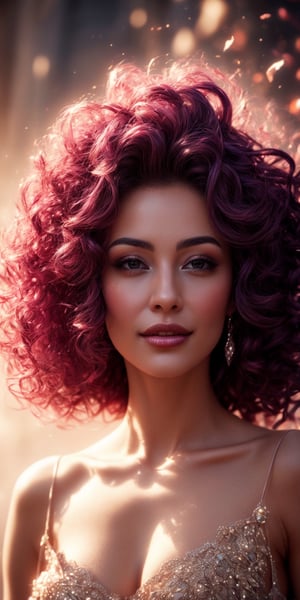 purple haired woman, extremely curly hair, "In a surreal and fantastical realm, a captivating woman radiates in the brilliant light. Her intense expression and perfect figure create striking visual effects, while an encompassing energy wraps around her, infusing a sense of sanctity. A beautiful face adorned with a gentle smile beckons, accompanied by mysterious gestures that unveil a world of wonder. Geometric shapes and unreal elements within the painting evoke admiration and awe, harmonizing with the resplendence, dazzle, and charm, completing a breathtaking landscape of beauty and femininity."
dynamic pose,perfecteyes,MFBP1,lying on person,1 girl,Enhance,photorealistic