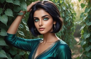 Extremely detailed, (masterful), 1girl, solo, Pakistani, dark wheatish complexion, (large bulbous nose:1.4), broad chin, pronounced cheek bones, wide oval face, very dark navy (blue hair:1.4), (bobcut:1.4), short hair, straight silky hair, dark sea green clothes, three-quarter sleeve, (hands and forearms painted metallic silver: 1.4), (sea green eyes:1.4), (big glossy eyes:1.2), serious expression, standing in bushes, (arm_outstretched:1.4), (summoning vines from behind her:1.4), attacking unseen opponent with vines, vines springing out from behind her, early evening, photo r3al, Forest