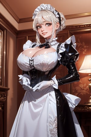 Imagine this. Upscaled. (Masterpiece, best quality, high resolution, highly detailed), Indoors detailed background, perfect lighting. (1girl:1.3), solo, (Hands:1.1), better_hands, gloved hands, better_hands. Rule of thirds,
Corny Katrina maid with white hair smiling and teasing you. Maid, black dress (dress:1.2), heavy duty working rubber gloves, puffy skirt, long skirt, puffy sleeves, long sleeves, Juliet sleeves, buttoned blouse with Victorian neck, tight corset, (huge breasts:1.1), breastfeeding chest. Indoors, (renaissance, vintage:1.2), ornate walls, 
By Paracosmos. 
,nodf_lora,LatexConcept