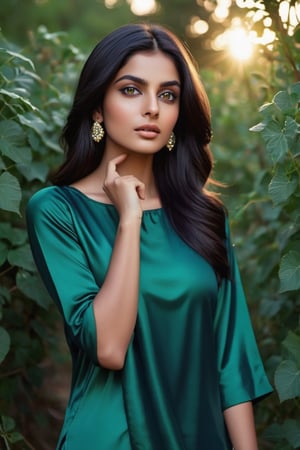 Extremely detailed, (masterful), 1girl, solo, Pakistani, dark wheatish complexion, large bulbous nose, broad chin, pronounced cheek bones, wide oval face, very dark navy blue hair, bobcut, straight silky hair, dark sea green clothes, three-quarter sleeve, hands and forearms painted metallic silver, sea green eyes, big glossy eyes, serious expression, standing in bushes, one arm outstretched, summoning vines from behind her, early evening, photo r3al, Forest