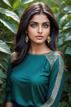 Extremely detailed, (masterful), 1girl, solo, Pakistani, dark wheatish complexion, large bulbous nose, broad chin, pronounced cheek bones, wide oval face, very dark navy blue hair, bobcut, straight silky hair, dark sea green clothes, three-quarter sleeve, hands and forearms painted metallic silver, sea green eyes, big glossy eyes, serious expression, standing in bushes, one arm outstretched, summoning vines from behind her, early evening, photo r3al, Forest