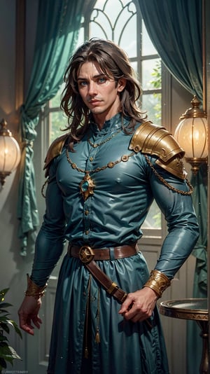 tall, broad-shouldered nobleman, clean-shaven, solid imposing presence, (round face:1.2), (broad face:1.2), dark brown hair, (shoulder-length hair:1.2), (masculine face:1.2), (brown eyes:0.8), simple but elegant clothes, (blue and grey clothes:1.2), unadorned clothes of the finest quality, warm yet observant eyes reflect his thoughtful nature and seem to take in everything around him quietly assessing the world without revealing much of his inner thoughts, historical fantasy, late renaissance early modern period, dynamic lighting, Dungeonsanddraons, Presto