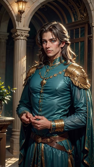 tall, broad-shouldered nobleman, clean-shaven, solid imposing presence, (round face:1.2), (broad face:1.2), brown hair, (shoulder-length hair:1.2), (masculine face:1.2), brown eyes, simple but elegant clothes, (blue and grey clothes:1.2), unadorned clothes of the finest quality, warm yet observant eyes reflect his thoughtful nature and seem to take in everything around him quietly assessing the world without revealing much of his inner thoughts, historical fantasy, late renaissance early modern period, dynamic lighting, Dungeonsanddraons, Presto