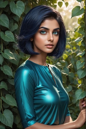 Extremely detailed, (masterful), 1girl, solo, Pakistani, dark wheatish complexion, large nuse, (bulbous nose:1.4), broad chin, pronounced cheek bones, wide oval face, (dark blue hair:1.4), (bobcut:1.4), short hair, straight silky hair, dark sea green clothes, three-quarter sleeve, (hands and forearms painted metallic silver: 1.4), (turqoise eyes:1.4), (big glossy eyes:1.2), serious expression, standing in bushes, (arm_outstretched:1.4), (summoning vines from behind her:1.4), attacking unseen opponent with vines, vines springing out from behind her, early evening, photo r3al, Forest