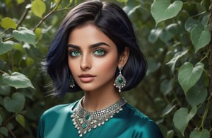 Extremely detailed, (masterful), 1girl, solo, Pakistani, dark wheatish complexion, (large bulbous nose:1.4), broad chin, pronounced cheek bones, wide oval face, very dark navy (blue hair:1.4), (bobcut:1.4), short hair, straight silky hair, dark sea green clothes, three-quarter sleeve, (hands and forearms painted metallic silver: 1.4), (sea green eyes:1.4), (big glossy eyes:1.2), serious expression, standing in bushes, (arm_outstretched:1.4), (summoning vines from behind her:1.4), attacking unseen opponent with vines, vines springing out from behind her, early evening, photo r3al, Forest