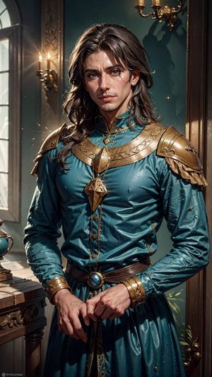 tall, broad-shouldered nobleman, clean-shaven, solid imposing presence, (round face:1.2), (broad face:1.2), dark brown hair, (shoulder-length hair:1.2), (masculine face:1.2), (brown eyes:1.2), simple but elegant clothes, (blue and grey clothes:1.2), unadorned clothes of the finest quality, warm yet observant eyes reflect his thoughtful nature and seem to take in everything around him quietly assessing the world without revealing much of his inner thoughts, historical fantasy, late renaissance early modern period, dynamic lighting, Dungeonsanddraons, Presto