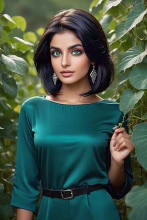 Extremely detailed, (masterful), 1girl, solo, Pakistani, dark wheatish complexion, (large bulbous nose:1.2), broad chin, pronounced cheek bones, wide oval face, very dark (navy blue hair:1.4), (bobcut:1.4), straight silky hair, dark sea green clothes, three-quarter sleeve, (hands and forearms painted metallic silver: 1.4), (sea green eyes:1.4), (big glossy eyes:1.2), serious expression, standing in bushes, (arm_outstretched:1.2) , (summoning vines from behind her:1.4), early evening, photo r3al, Forest