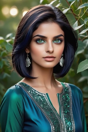 Extremely detailed, (masterful), 1girl, solo, Pakistani, dark wheatish complexion, (large bulbous nose:1.2), broad chin, pronounced cheek bones, wide oval face, very dark (navy blue hair:1.4), (bobcut:1.4), straight silky hair, dark sea green clothes, three-quarter sleeve, (hands and forearms painted metallic silver: 1.4), (sea green eyes:1.4), (big glossy eyes:1.2), serious expression, standing in bushes, (arm_outstretched:1.2) , (summoning vines from behind her:1.4), early evening, photo r3al, Forest