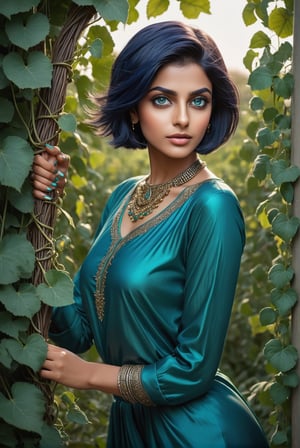 Extremely detailed, (masterful), 1girl, solo, Pakistani, dark wheatish complexion, large nuse, (bulbous nose:1.4), broad chin, pronounced cheek bones, wide oval face, (dark blue hair:1.4), (bobcut:1.4), short hair, straight silky hair, dark sea green clothes, three-quarter sleeve, (hands and forearms painted metallic silver: 1.4), (turqoise eyes:1.4), (big glossy eyes:1.2), serious expression, standing in bushes, (arm_outstretched:1.4), (summoning vines from behind her:1.4), attacking unseen opponent with vines, vines springing out from behind her, early evening, photo r3al, Forest