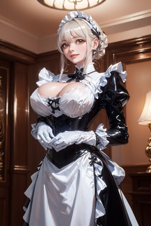 Imagine this. Upscaled. (Masterpiece, best quality, high resolution, highly detailed), Indoors detailed background, perfect lighting. (1girl:1.3), solo, (Hands:1.1), better_hands, gloved hands, better_hands. Rule of thirds,
Corny Katrina maid with white hair smiling and teasing you. Maid, black dress (dress:1.2), heavy duty working rubber gloves, puffy skirt, long skirt, puffy sleeves, long sleeves, Juliet sleeves, buttoned blouse with Victorian neck, tight corset, (huge breasts:1.1), breastfeeding chest. Indoors, (renaissance, vintage:1.2), ornate walls, 
By Paracosmos. 
,nodf_lora,LatexConcept