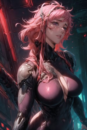 In a dimly lit, neon-lit alleyway, a futuristic femme fatale emerges from the shadows. A cyberpunk anime girl clad in an ultra-detailed, photorealistic cyber suit, adorned with glowing scales and cyborg tech, stands confidently. Her long, red hair flows like a fiery halo around her beautiful face and striking features, including full-lipped lips and piercing eyes that seem to gleam with a mischievous intensity. The focus is on her provocative pose, with one mechanical arm held aloft, as if brandishing a futuristic weapon. Her lithe physique is accentuated by the sleek design of the cyber armor, which appears to be molded to her curvaceous form. The background is bathed in an ethereal glow, with hazy cityscapes and towering skyscrapers fading into the distance.