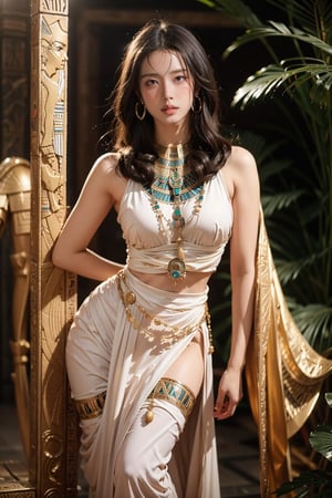 Best quality, Masterpiece, Ultra High Resolution, (Fidelity:1.2), (Realistic:1.3), 1woman, mature Egyptian woman, green eyes, black hair flaps, portrait, solo, full body view, looking at viewer, detailed background, detailed face, ancient Egyptian theme, feral jungle warrior, white tribal clothing, obsidian, defensive stance, stone knife, bushes, poisonous plants, rocks,  humid climate, darkness, cinematic atmosphere,full body,
dark chamber, dim light (zentangle, mandala, tangle, entangle), (golden and green tone:0.5), standing,
(35mmstyle:1.1), nude dress,front, masterpiece, 1970s film, cinematic lighting, photo-realistic, high frequency details, 35mm film, (film grain), film noise,Shiny_skin,egyptian,full body,ningninglorashy,hyojoo,Maria Zhang_SUKI,vonnyfelicia,Natalie Dormer ,ITZY Yuna,yoona,nude ,nacked body,lisa,Roseanne Park 