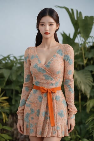 a woman wearing a long sleeved dress with a slit, orange and teal color, elegant flowers, sexy dress, dual tone, ( brown skin ), 8 0 k, exposed waist, floral clothes, ball, highend, 2023, corner, ps,kimyojung