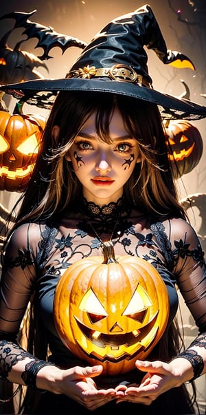 (witch),(halloween-shaped puppet set hafu),(Gorgeous evil yellow glowing pattern:1.2),Fantasy visual effects,dark forest,curvy,(lace tones:1.3)