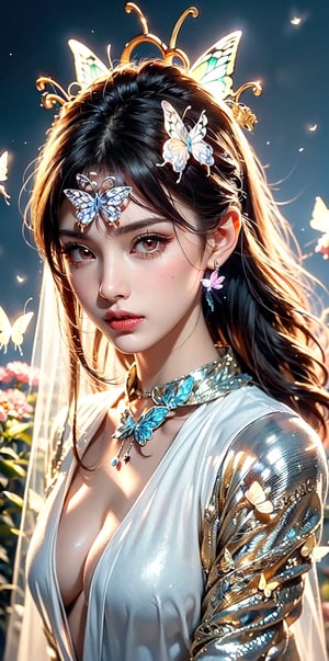 angel halo,golden hair,(light_red_eyes:1.2), high ponytail,curvy, light of wings,(British|Japanese),(crystal crown),(silver veil),(pendant),hair bow,tassel,collar with bell,white overcoat,face shot,outdoors,Mysterious, elegant, sexy, perfect, sacred, dignity, glory ,picture of the day,(complex Butterfly structure:1.5)