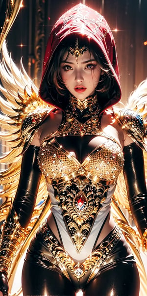 (archangel,Saint Seiya,bodystocking),The goddess' sweaty face emerges from the open mouth of the (quest bare puppet costume:1.3)'s hood,(flawless face).Exquisite details and textures,High Detail,detailed ,Texture Mapping,more detail,masterpiece, best quality,(Vibrant color:1.2),(armour,lace),(red and white entanglement), (crystal and silver entanglement),