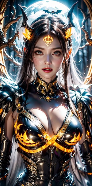 (vampire),(halloween-shaped puppet set armour),(Gorgeous evil yellow glowing pattern:1.2),Fantasy visual effects,dark forest,curvy,(silver tones:1.3)