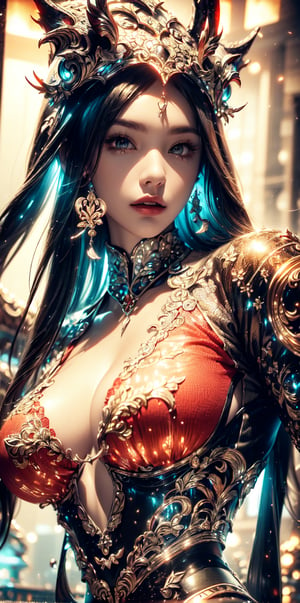 (Female paladin,Onmyoji, Saint Seiya),pink lace lingerie ,gold chain over clothes,(complex Gorgeous dragon pattern empty bare bodysuit), city. masterpiece, beautiful and aesthetic, 8K, HDR, high contrast,raw photo, best quality, realistic, photo-Realistic,  high contrast, vibrant color, muted colors, cinematic lighting, ambient lighting, sidelighting, Exquisite details and textures,ultra realistic illustration, siena natural ratio,(red tones:1.5)