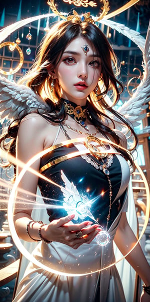 angel halo,golden hair,(light_red_eyes:1.2), high ponytail,curvy, light of wings,(British|Japanese),(crystal crown),(silver veil),(pendant),hair bow,tassel,collar with bell,white overcoat,face shot,outdoors,Mysterious, elegant, sexy, perfect, sacred, dignity, glory ,picture of the day,(complex magic_circle structure:1.5)