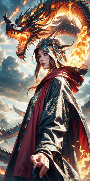 goddess, pattern cloak, patterned robe,(dragon pattern tattoos),windy,wet_clothes,wet hair,white background,Dreamy clouds,spit fire,dragon background