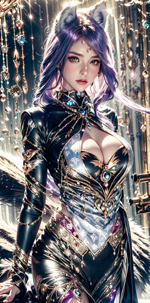 (Aphrodite, goddess ,Minerva) wearing (complex wolf pattern costume :1.7) , purple hair, ancient Japan street, faint smile gracefully,above waist,(lens flare: 1.3),Masterpiece, beautiful details, perfect focus, uniform 8K wallpaper, high resolution, exquisite texture in every detail, pink and white entanglement,crystal and silver entanglement,