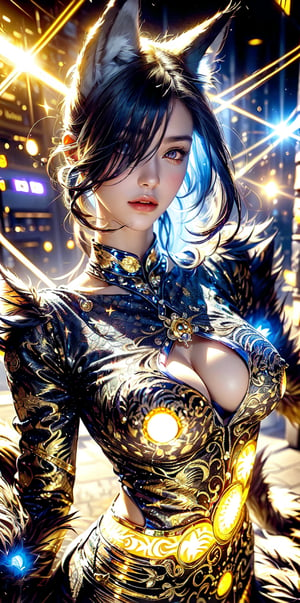 (Aphrodite, goddess ,Minerva) wearing (complex wolf pattern costume :1.7) , purple hair, ancient Japan street, faint smile gracefully,above waist,(lens flare: 1.3),Masterpiece, beautiful details, perfect focus, uniform 8K wallpaper, high resolution, exquisite texture in every detail, golden and white entanglement,crystal and silver entanglement,