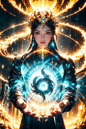 (yellow and white entanglement), (crystal and silver entanglement),The goddess of sun waves her hands to turn the golden energy flow into a yin and yang Tai Chi diagram

