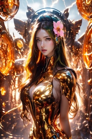 (((dragon))),  (((red bodysuit)), (((happy))), (((goddess))),(((naked))), (((busty))), Makeup, More Detail, GdClth, , (((magic circle))), (((lightning))), (((yellow hair))), (((golden eyes))),(((flower))),mecha musume,Mecha,ghost costume
