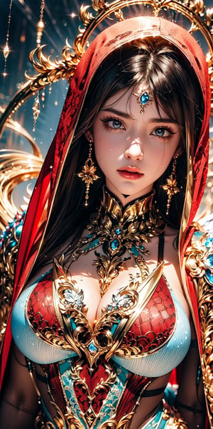 (archangel,Saint Seiya,bodystocking),The goddess' sweaty face emerges from the open mouth of the (bodystocking bare puppet costume:1.3)'s hood,(flawless face).Exquisite details and textures,High Detail,detailed ,Texture Mapping,more detail,masterpiece, best quality,(Vibrant color:1.2),(armour,lace),(red and white entanglement), (crystal and silver entanglement),