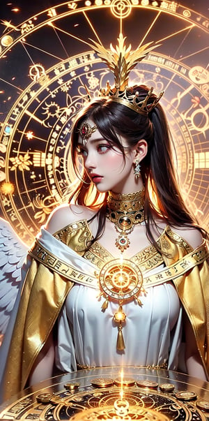 angel halo,golden hair,(light_red_eyes:1.2), high ponytail,curvy, light of wings,(British|Japanese),(crystal crown),(silver veil),(pendant),hair bow,tassel,collar with bell,white overcoat,face shot,outdoors,Mysterious, elegant, sexy, perfect, sacred, dignity, glory ,picture of the day,(complex magic_circle structure:1.5),