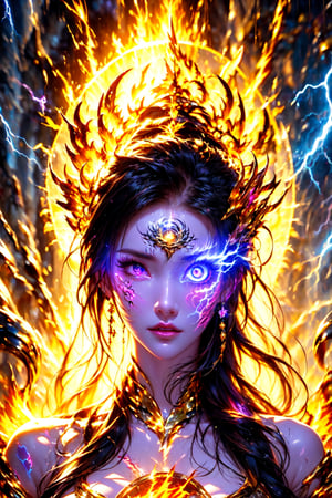 (goddess ), glowing eye , glowing tattoo, lightning eye, fire, lightning , magic circle , glow ,(((fair skin))) ,(((white skin))),