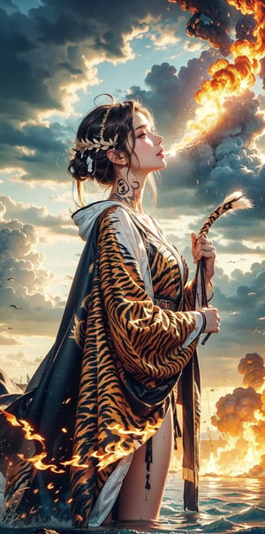 goddess, pattern cloak, patterned robe,(tiger pattern tattoos),windy,wet_clothes,wet hair,white background,Dreamy clouds,spit fire