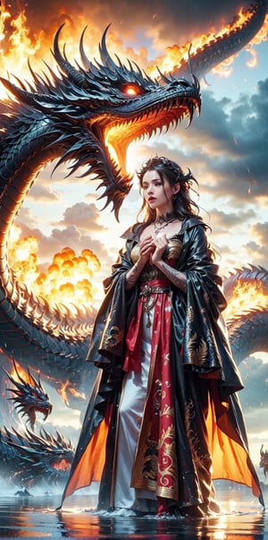 goddess, pattern cloak, patterned robe,(dragon pattern tattoos),windy,wet_clothes,wet hair,white background,Dreamy clouds,spit fire,dragon background