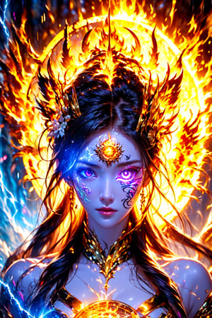 (goddess ), glowing eye , glowing tattoo,  fire eye,  fire, lightning , magic circle , glow ,(((fair skin))) ,(((white skin))),