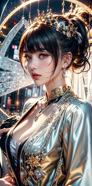 angel halo,golden hair,(light_red_eyes:1.2), high ponytail,curvy, light of wings,(British|Japanese),(crystal crown),(silver veil),(pendant),hair bow,tassel,collar with bell,white overcoat,face shot,outdoors,Mysterious, elegant, sexy, perfect, sacred, dignity, glory ,picture of the day,(complex magic_circle structure:1.5)