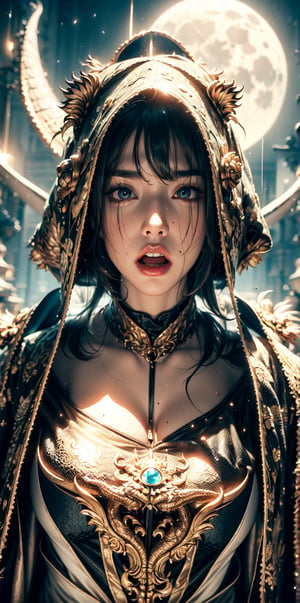The goddess' sweaty face emerges from the open mouth of the ((dragon puppet costume))'s hood,(face like the bright moon),