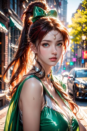 (Sailor Moon , Kyuubi ), chiffon costume,red hair,hair beads ,hair ribbon, long_ponytail , street , sunlight ,green and pink entanglement, crystal and silver entanglement .masterpiece, beautiful and aesthetic, 8K, HDR, high contrast,raw photo, best quality, realistic, photo-Realistic, best quality, masterpiece, high contrast, vibrant color, muted colors, cinematic lighting, ambient lighting, sidelighting, Exquisite details and textures,ultra realistic illustration,