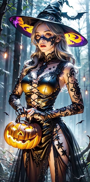 (witch),(halloween-shaped puppet set hafu),(Gorgeous evil yellow glowing pattern:1.2),Fantasy visual effects,dark forest,curvy,(lace tones:1.3)