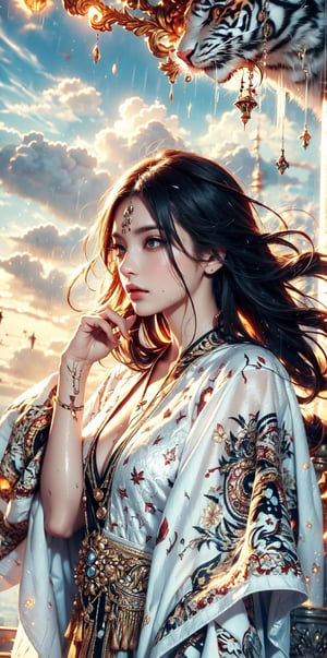 goddess, pattern cloak, patterned robe,(tiger pattern tattoos),windy,wet_clothes,wet hair,white background,Dreamy clouds,